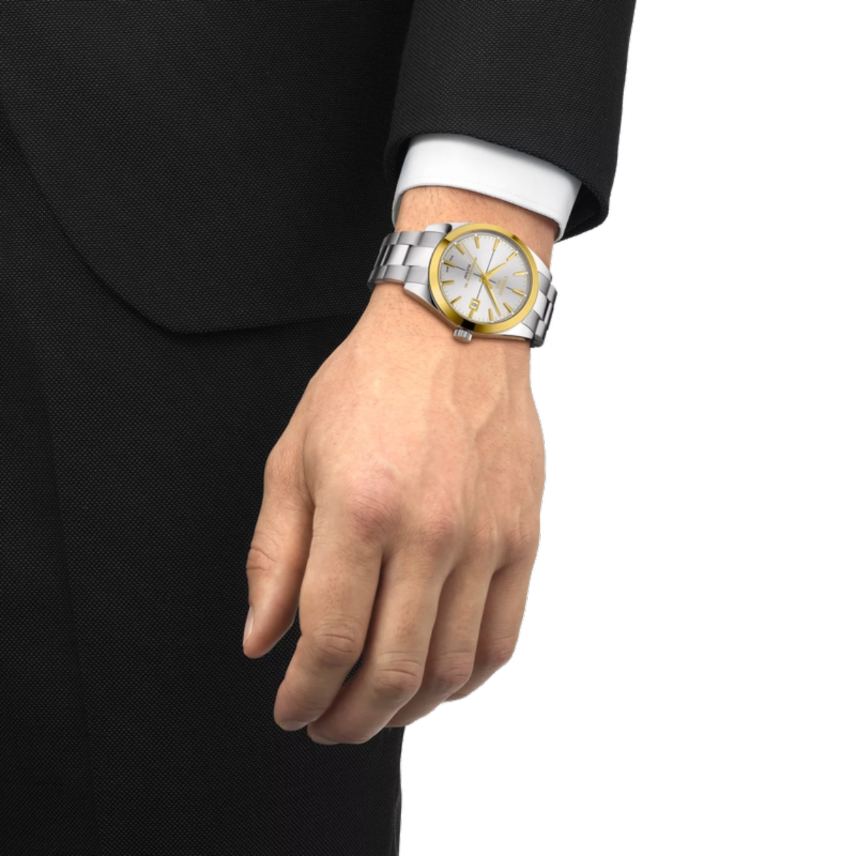 Hand wearing a silver and gold watch on a white background