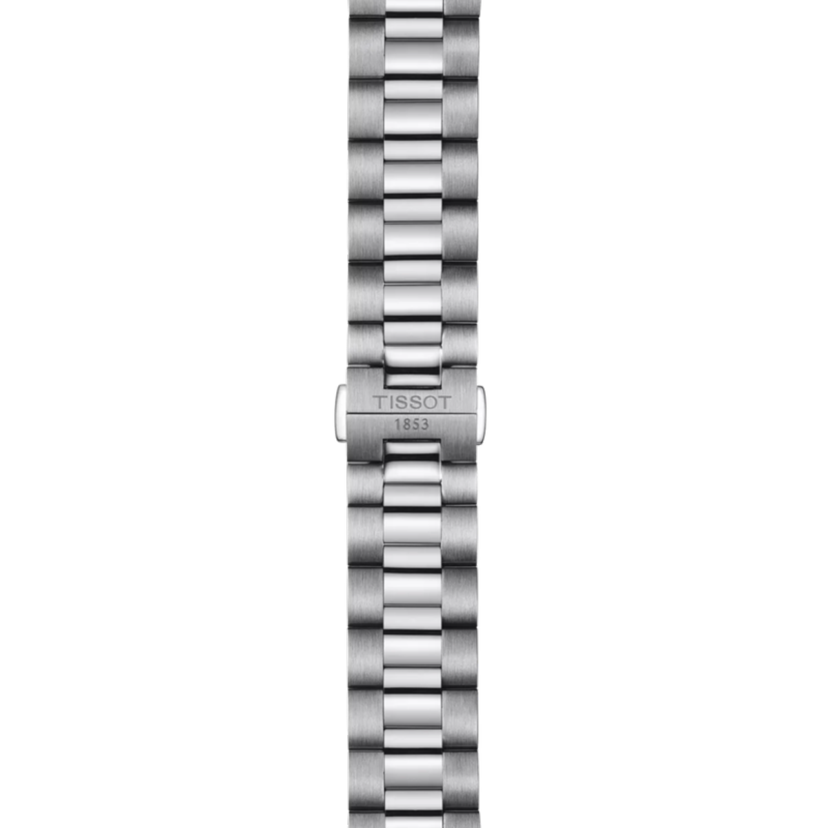 Silver watch bracelet with Tissot logo on a white background