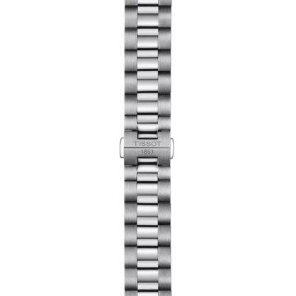 Silver watch bracelet with Tissot logo on a white background