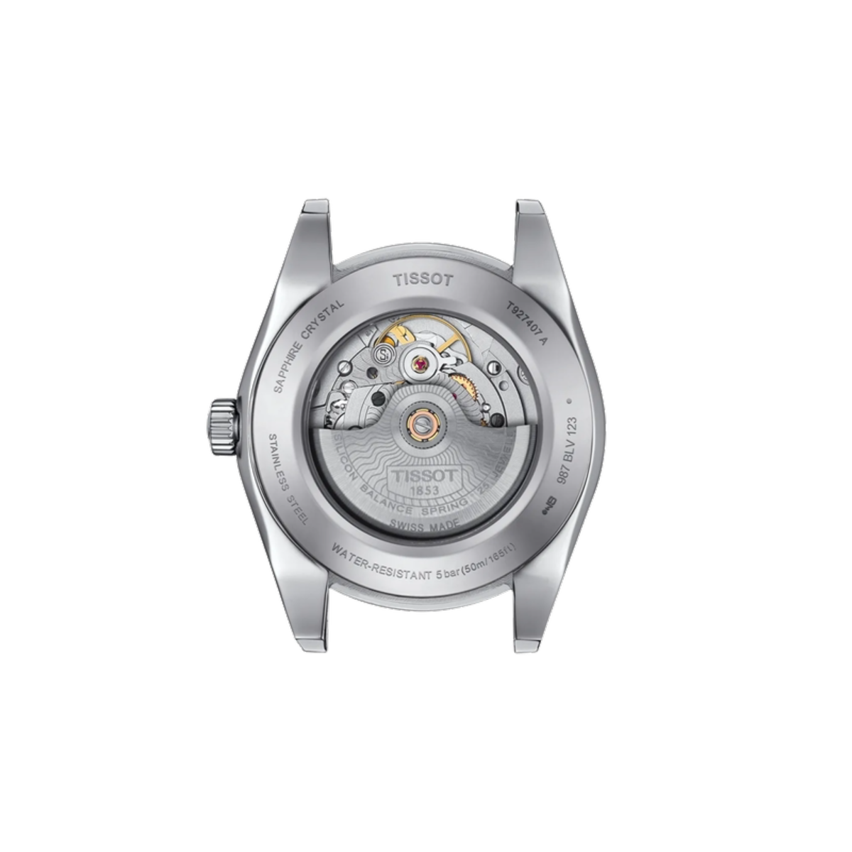 Tissot watch back cover on a white background