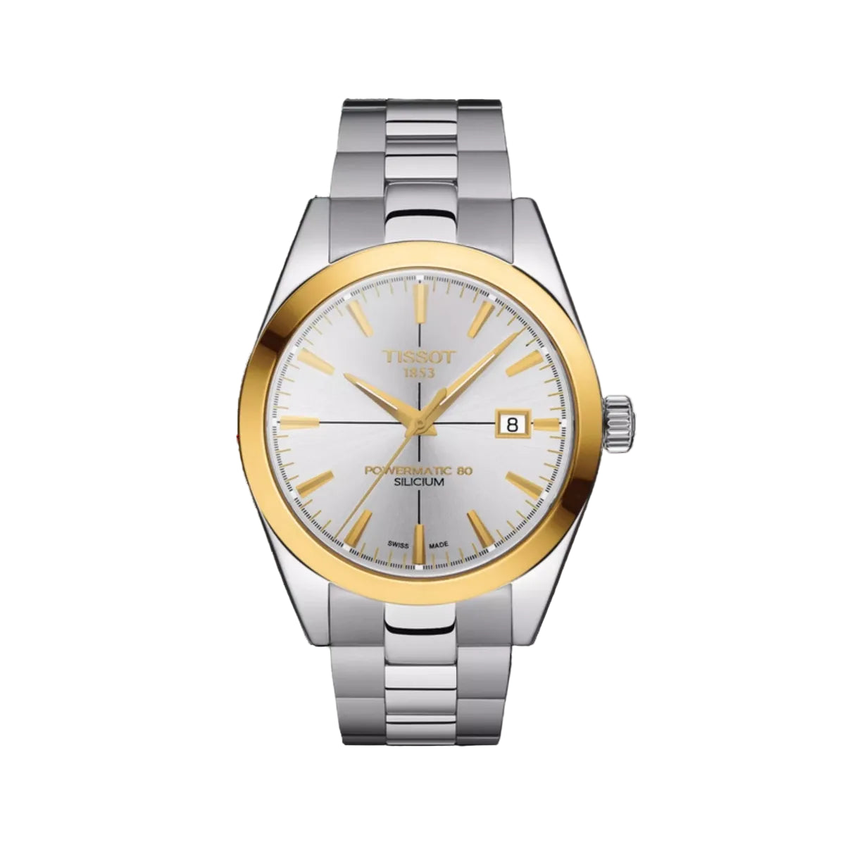 Watch with silver and gold band on a white background