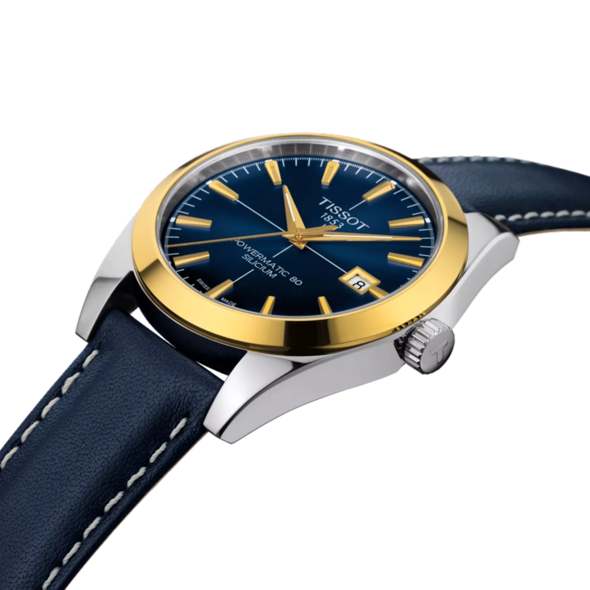 Tissot watch with blue strap and gold bezel on a white background