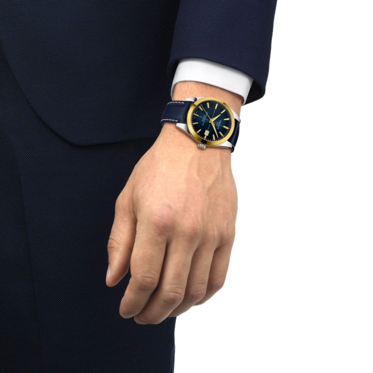 Hand wearing a watch with a blue strap and gold accents on a white background