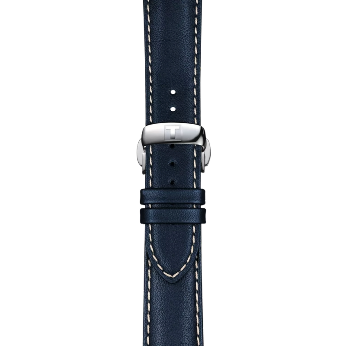 Navy blue leather watch strap with silver buckle on a white background