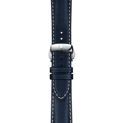 Navy blue leather watch strap with silver buckle on a white background