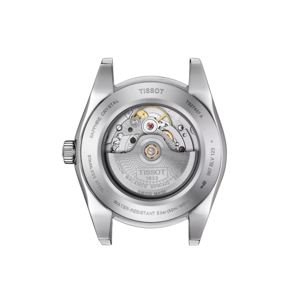 Back view of a Tissot watch with visible mechanical components on a white background