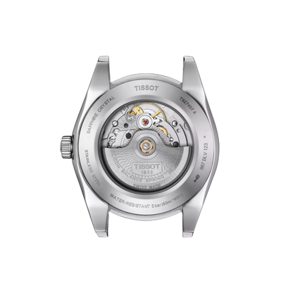Back view of a Tissot watch with visible mechanical components on a white background