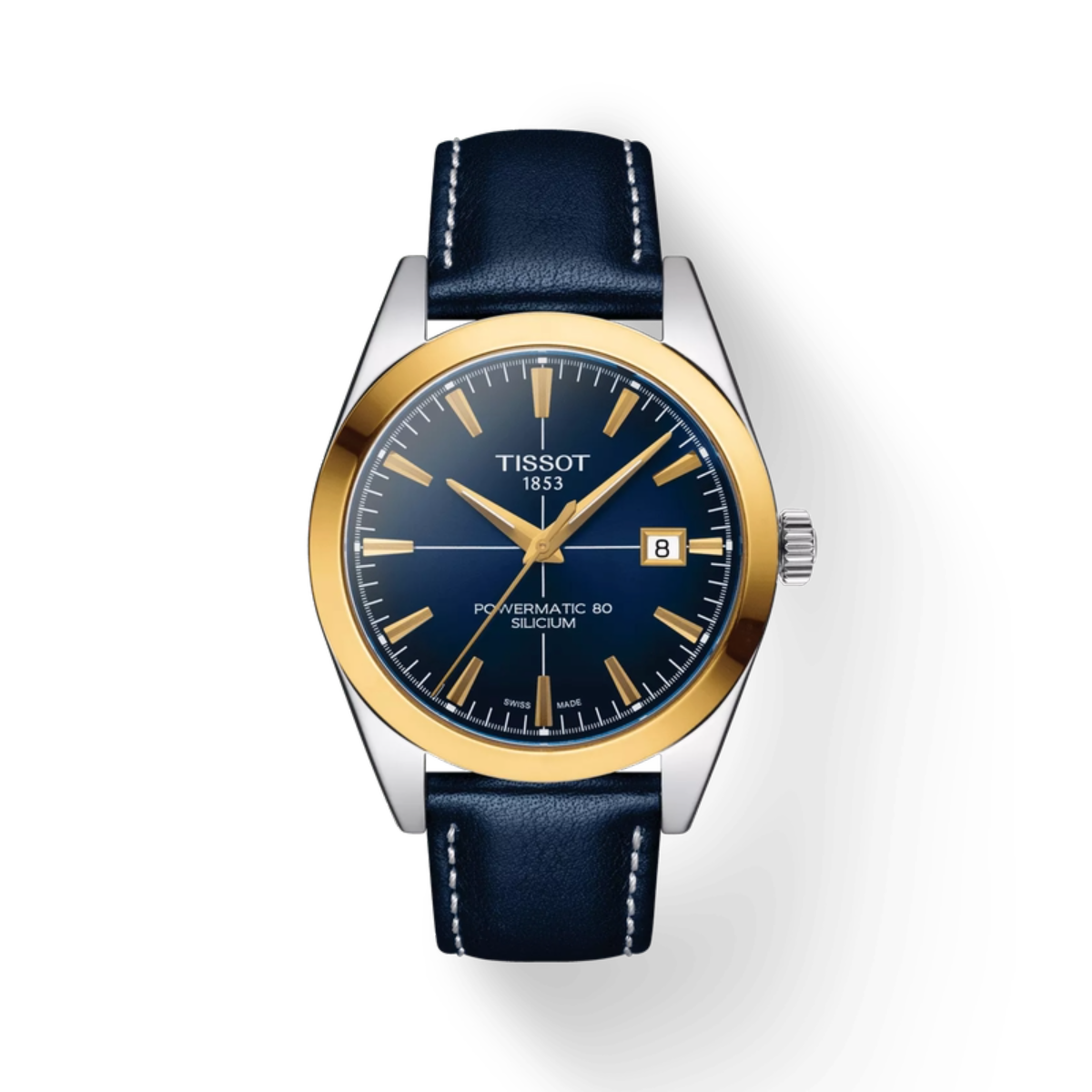 Tissot watch with blue strap and gold bezel on a white background