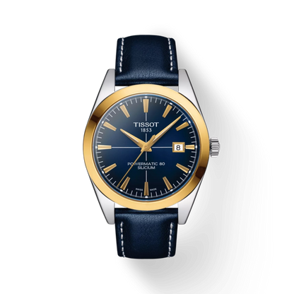 Tissot watch with blue strap and gold bezel on a white background