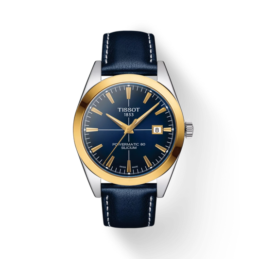 Tissot watch with blue strap and gold bezel on a white background