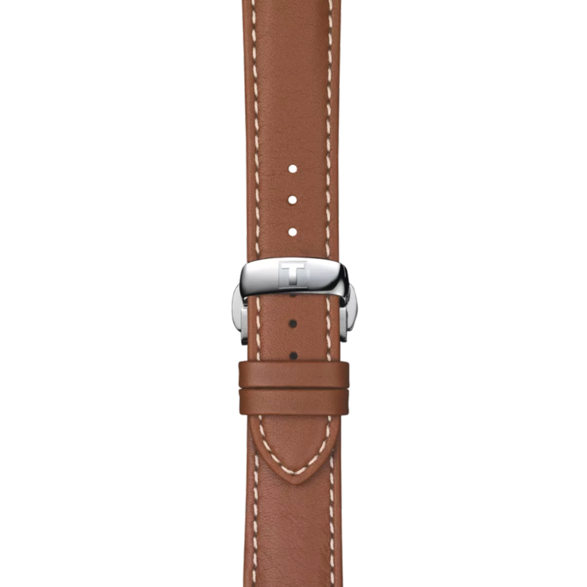 Brown leather watch strap with silver buckle on a white background
