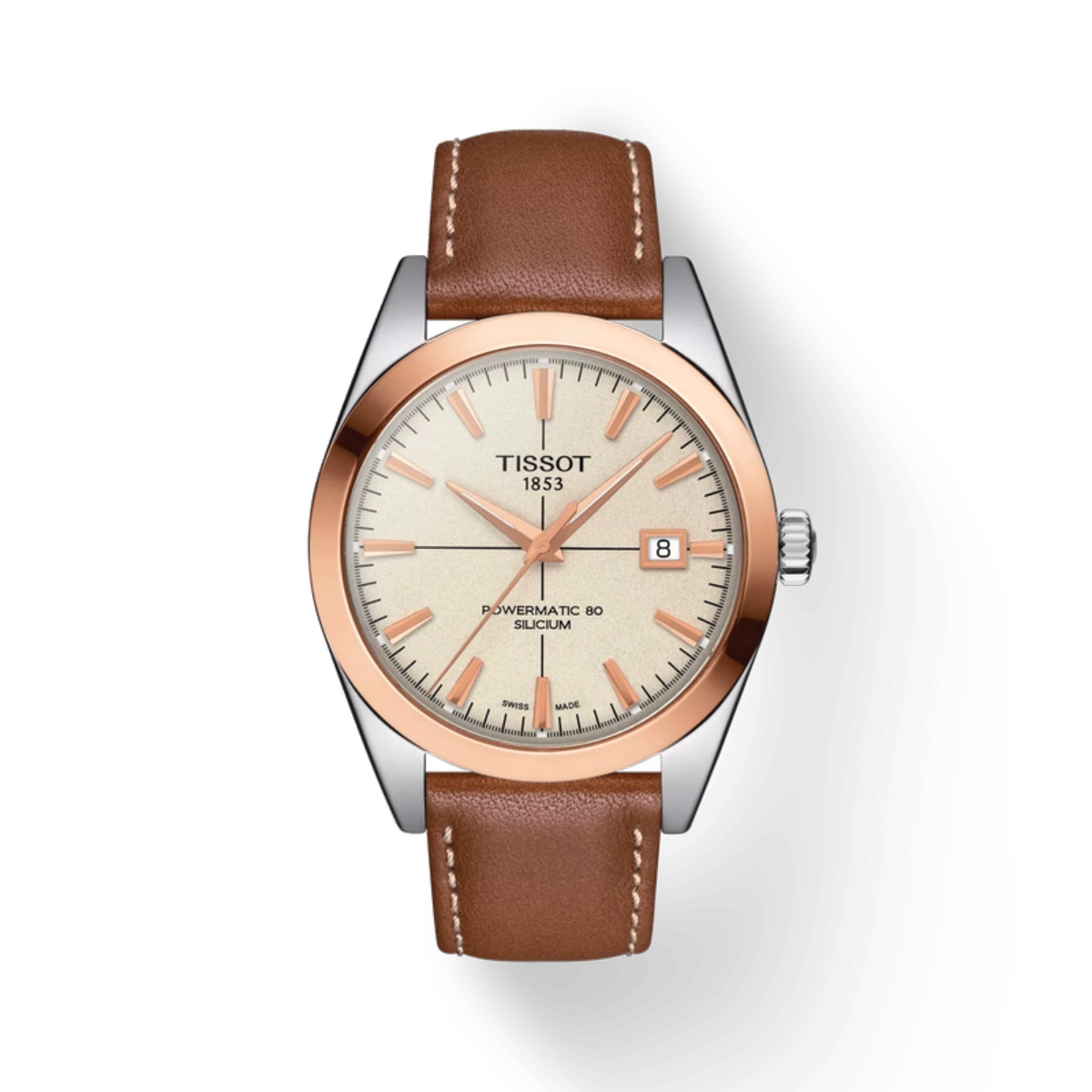 Tissot watch with brown leather strap and rose gold case on white background