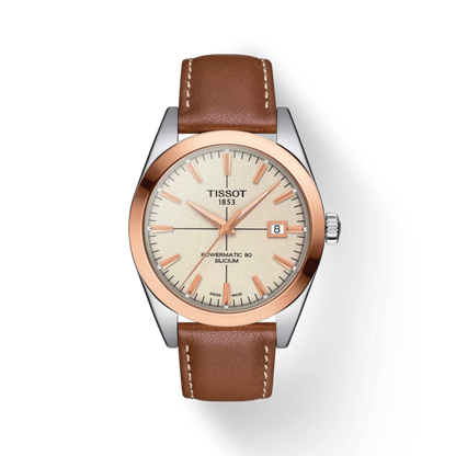 Tissot watch with brown leather strap and rose gold case on white background