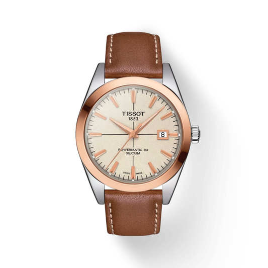 Tissot watch with brown leather strap and rose gold case on white background