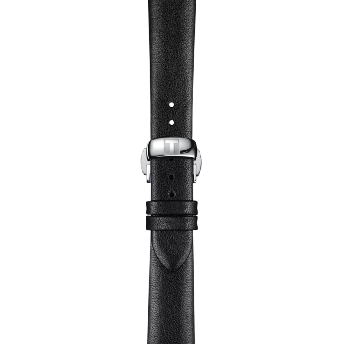 Black leather watch strap with silver buckle on a white background