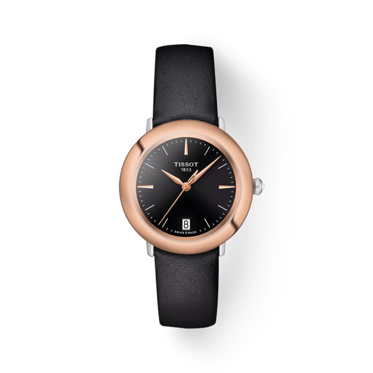 Tissot watch with black leather strap and rose gold case on white background