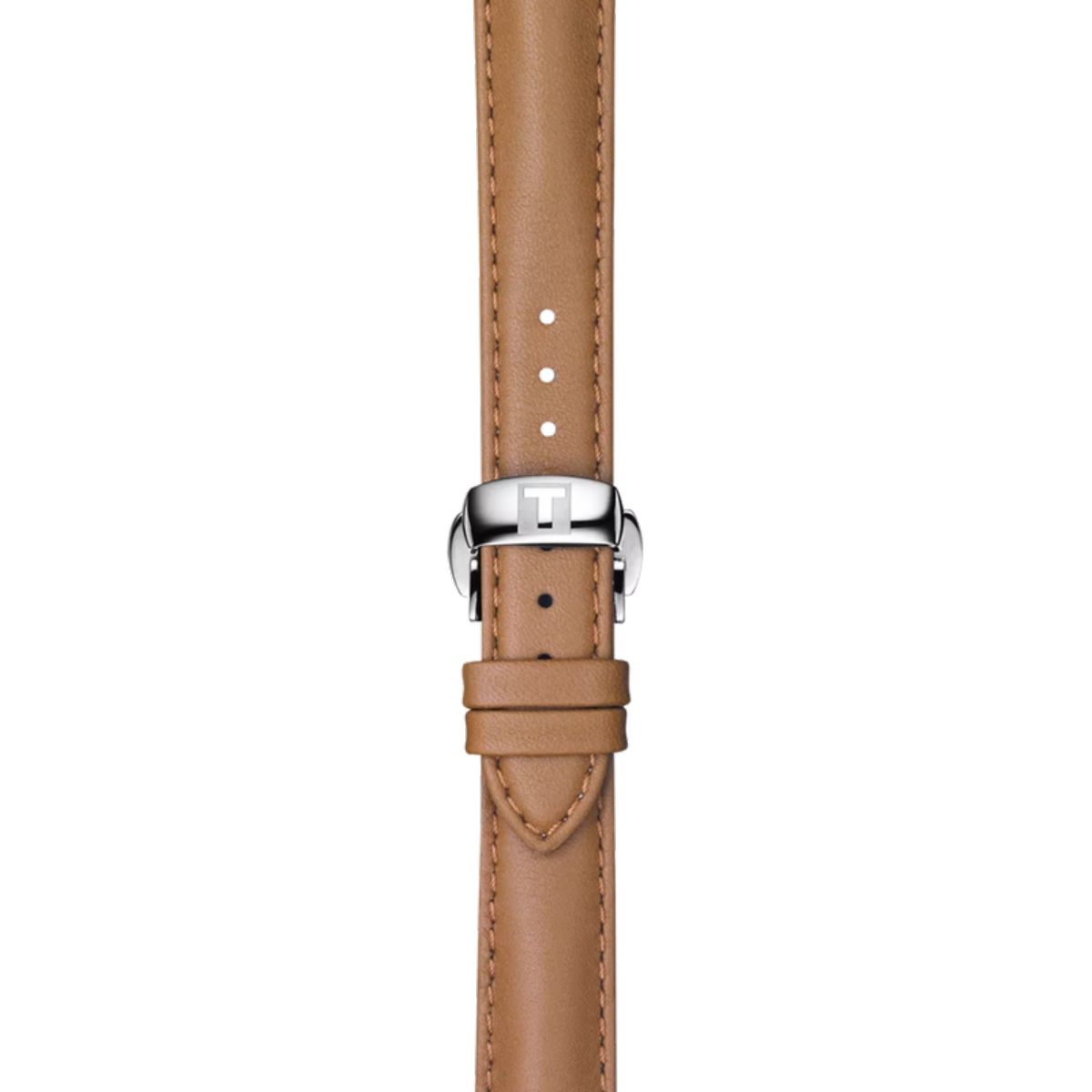 Tan leather watch strap with silver buckle on a white background
