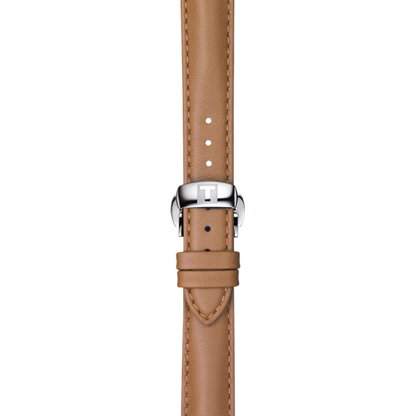 Tan leather watch strap with silver buckle on a white background
