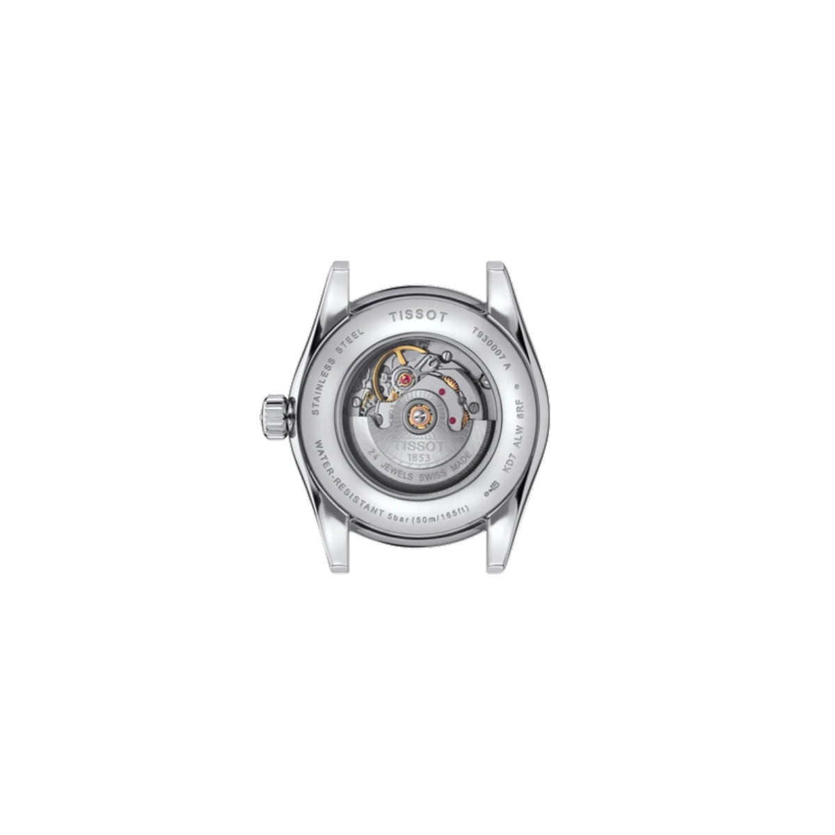 Tissot watch back cover on a white background