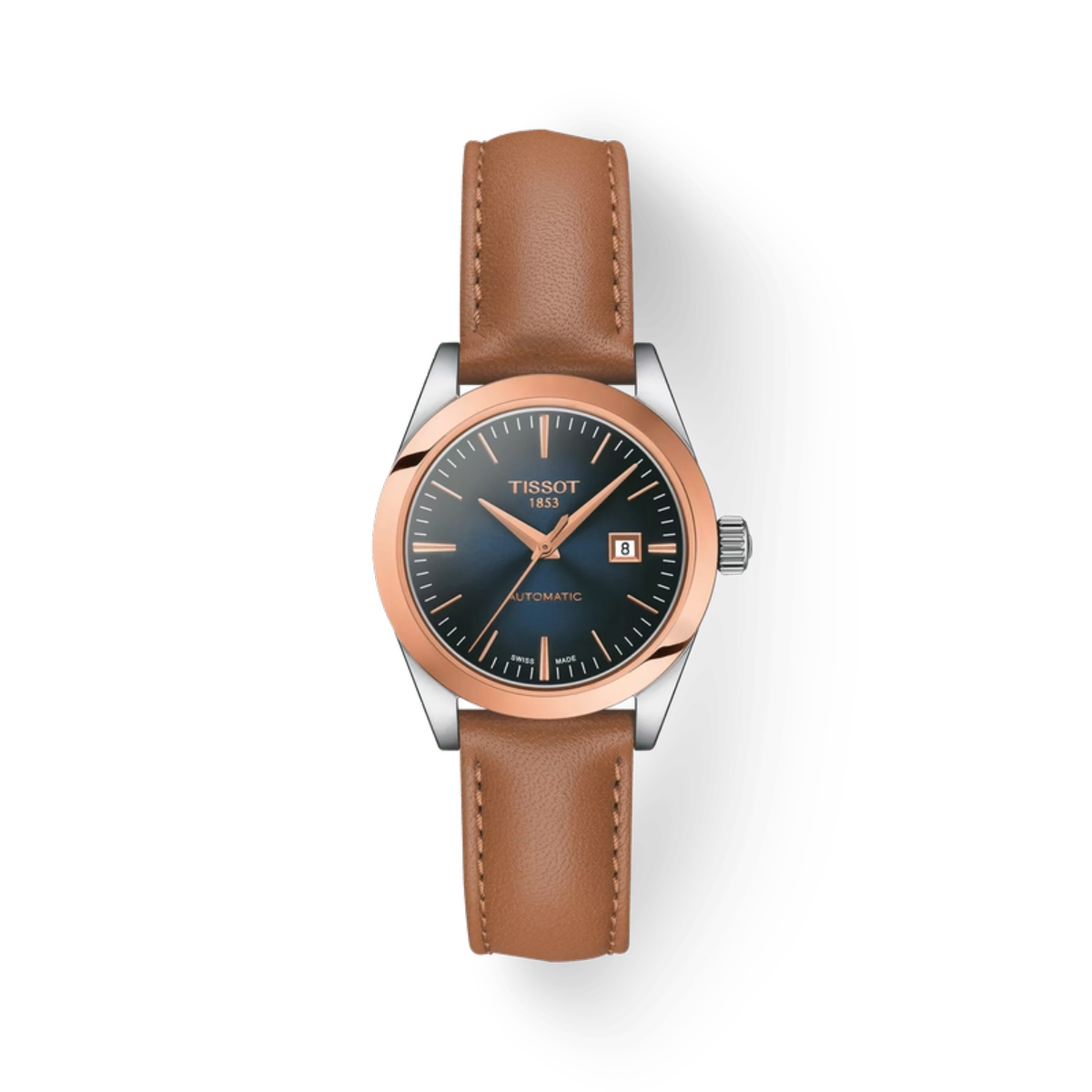 Tissot watch with brown leather strap and blue dial on a white background