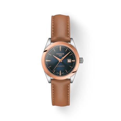 Tissot watch with brown leather strap and blue dial on a white background