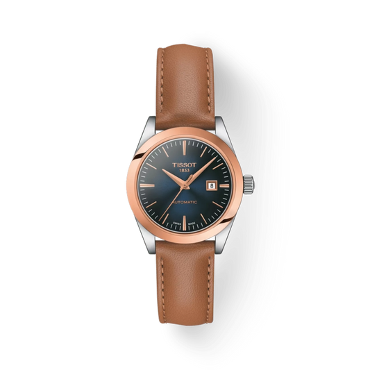 Tissot watch with brown leather strap and blue dial on a white background