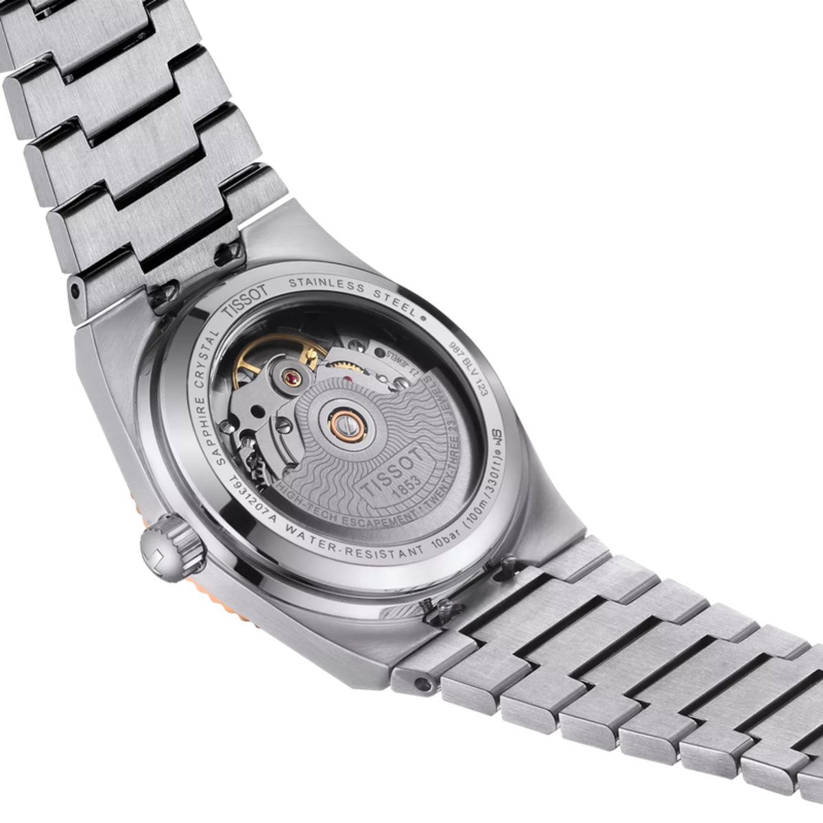 Close-up of a silver watch with visible brand name on a white background