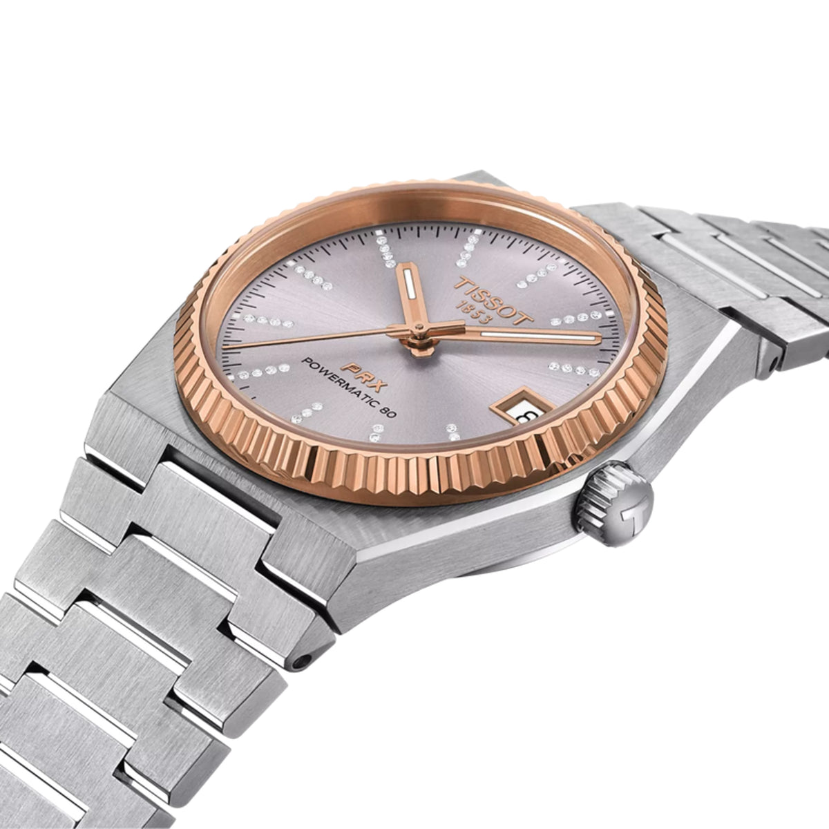 Silver and rose gold watch with Tissot logo on a white background