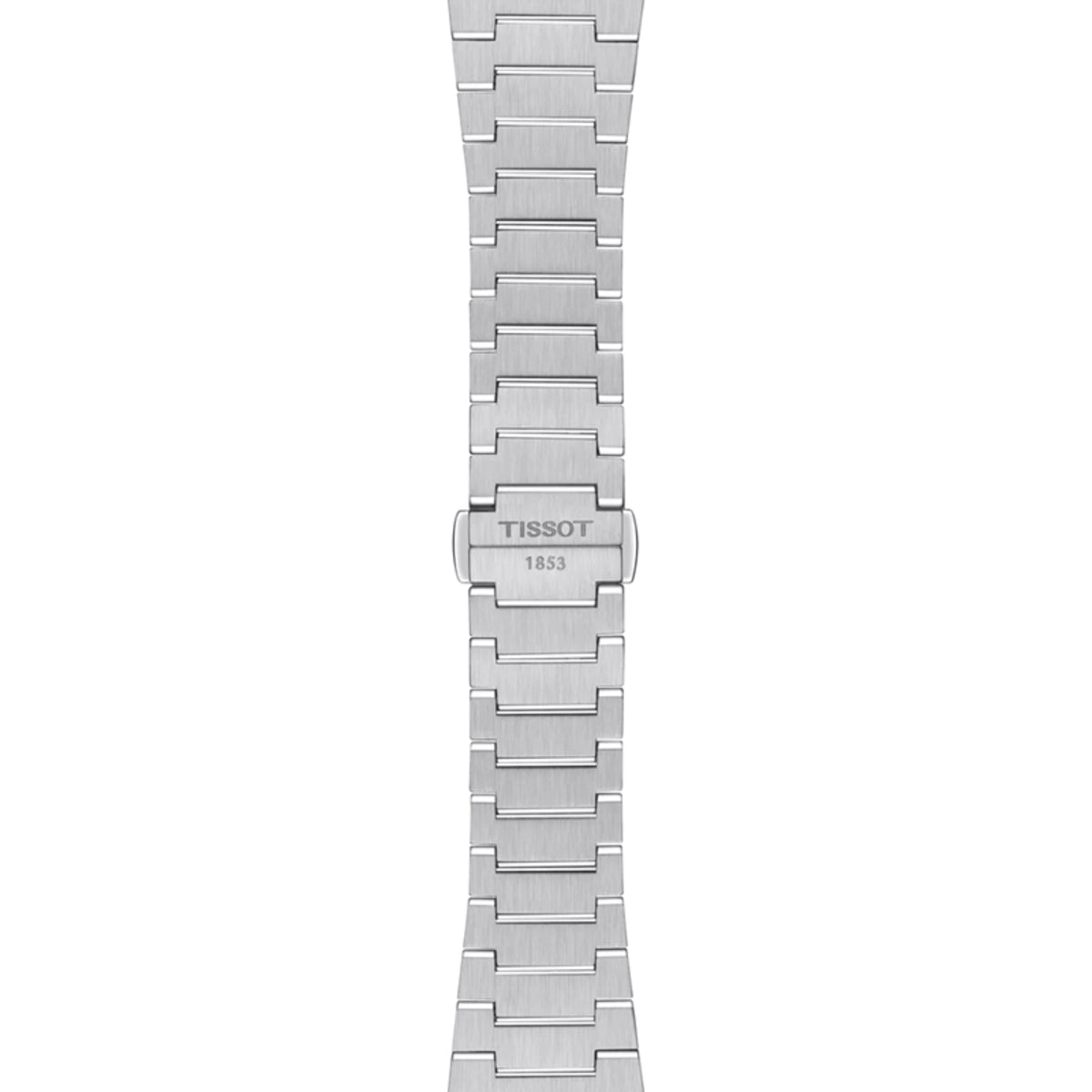 Silver watch strap with Tissot logo on a white background