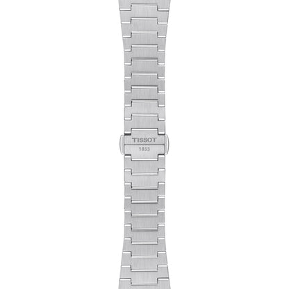 Silver watch strap with Tissot logo on a white background