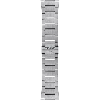 Silver watch strap with Tissot branding on a white background