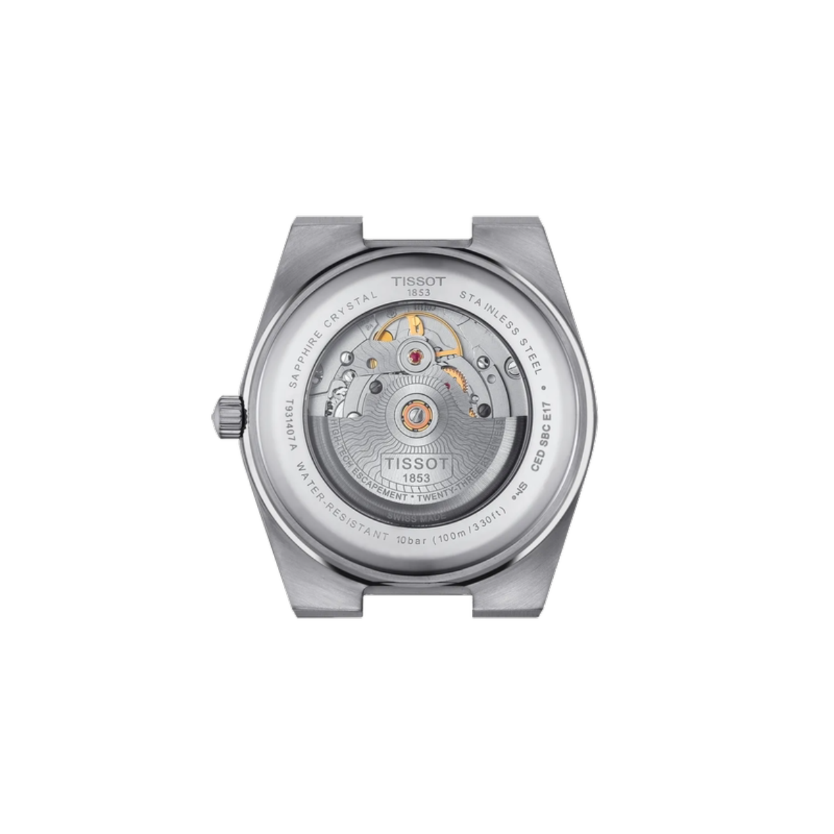 Tissot watch back cover on a white background