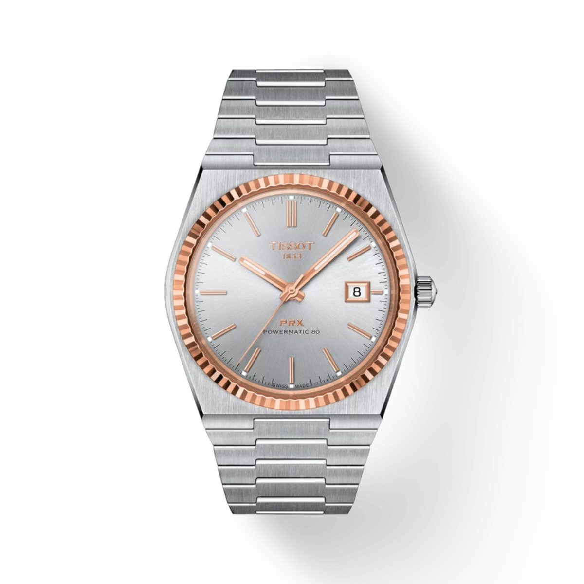 Silver and rose gold watch on a white background