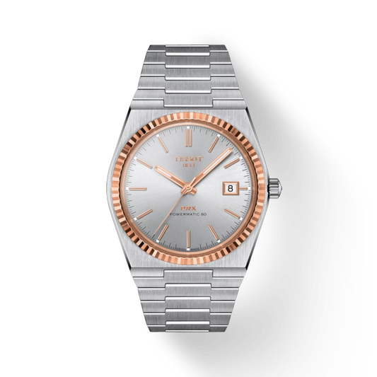 Silver and rose gold watch on a white background