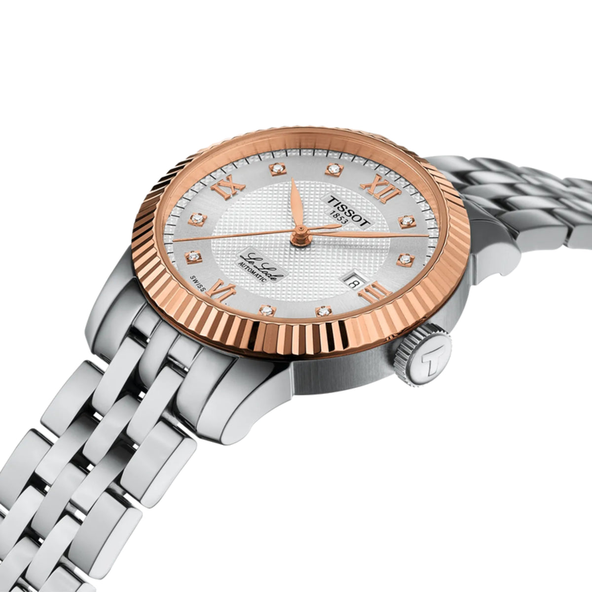 Tissot watch with rose gold and silver band on white background