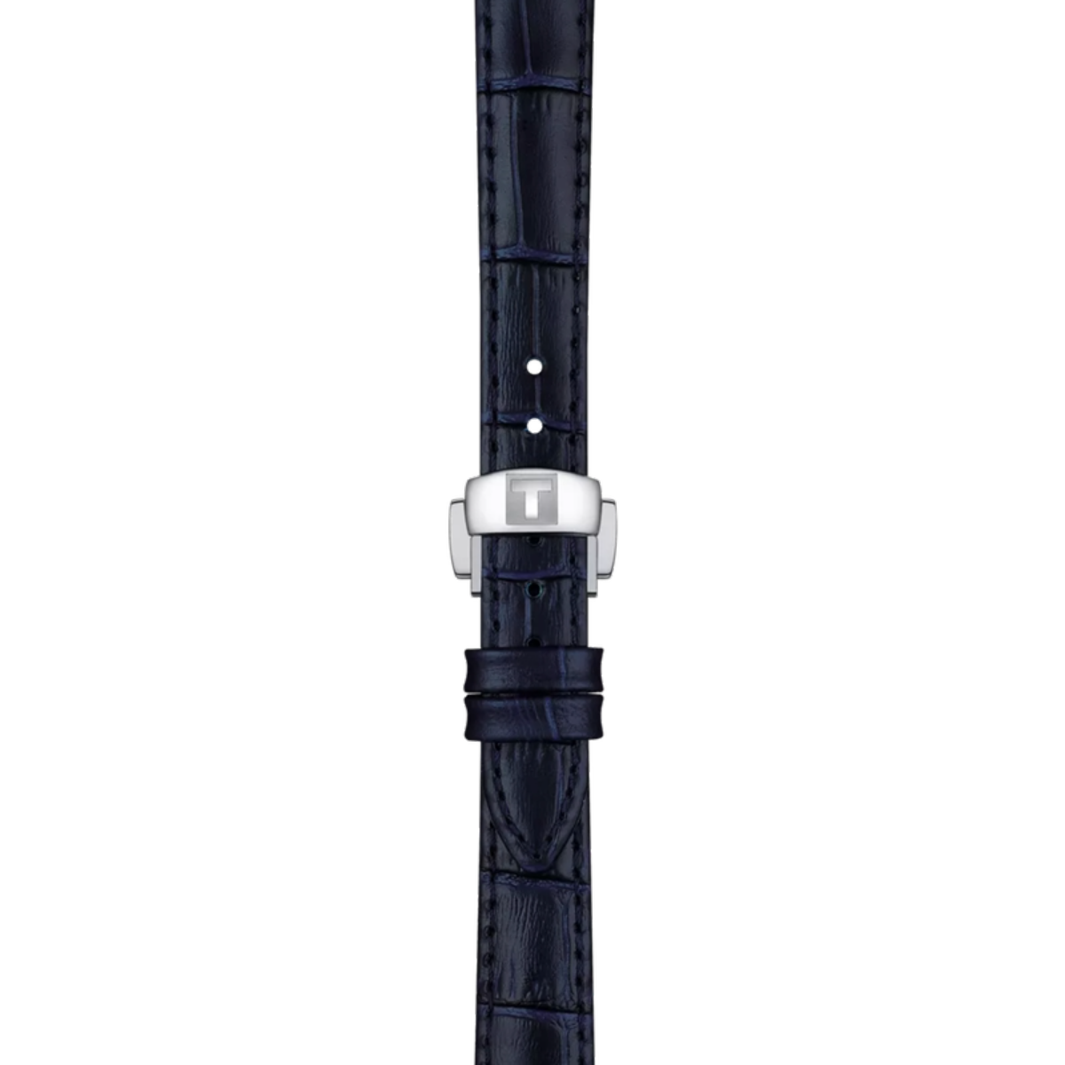 Black crocodile-patterned watch strap with silver clasp on a white background