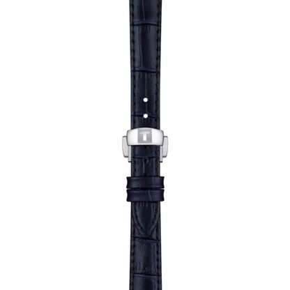 Black crocodile-patterned watch strap with silver clasp on a white background
