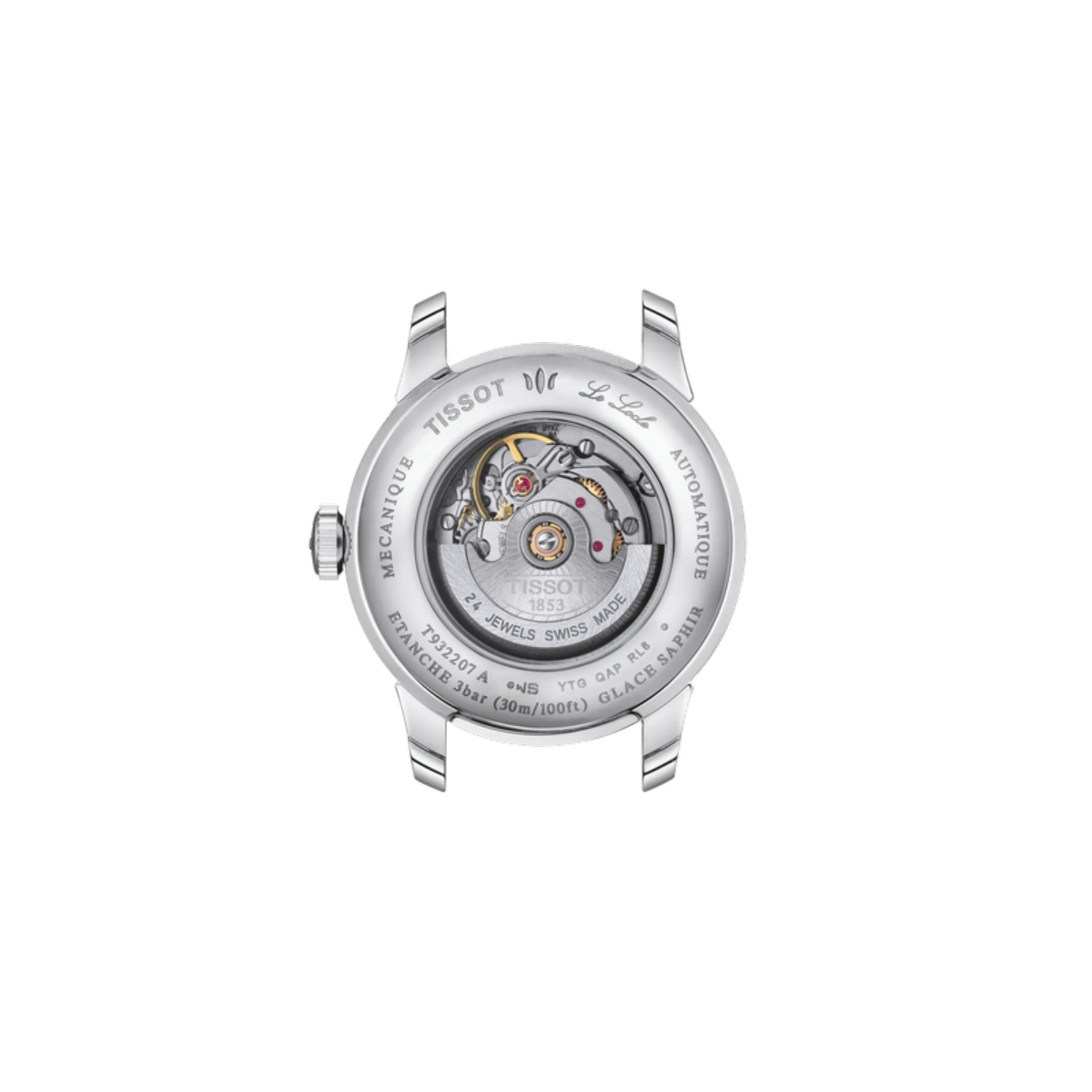 Close-up of a Tissot watch mechanism on a white background