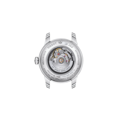 Close-up of a Tissot watch mechanism on a white background