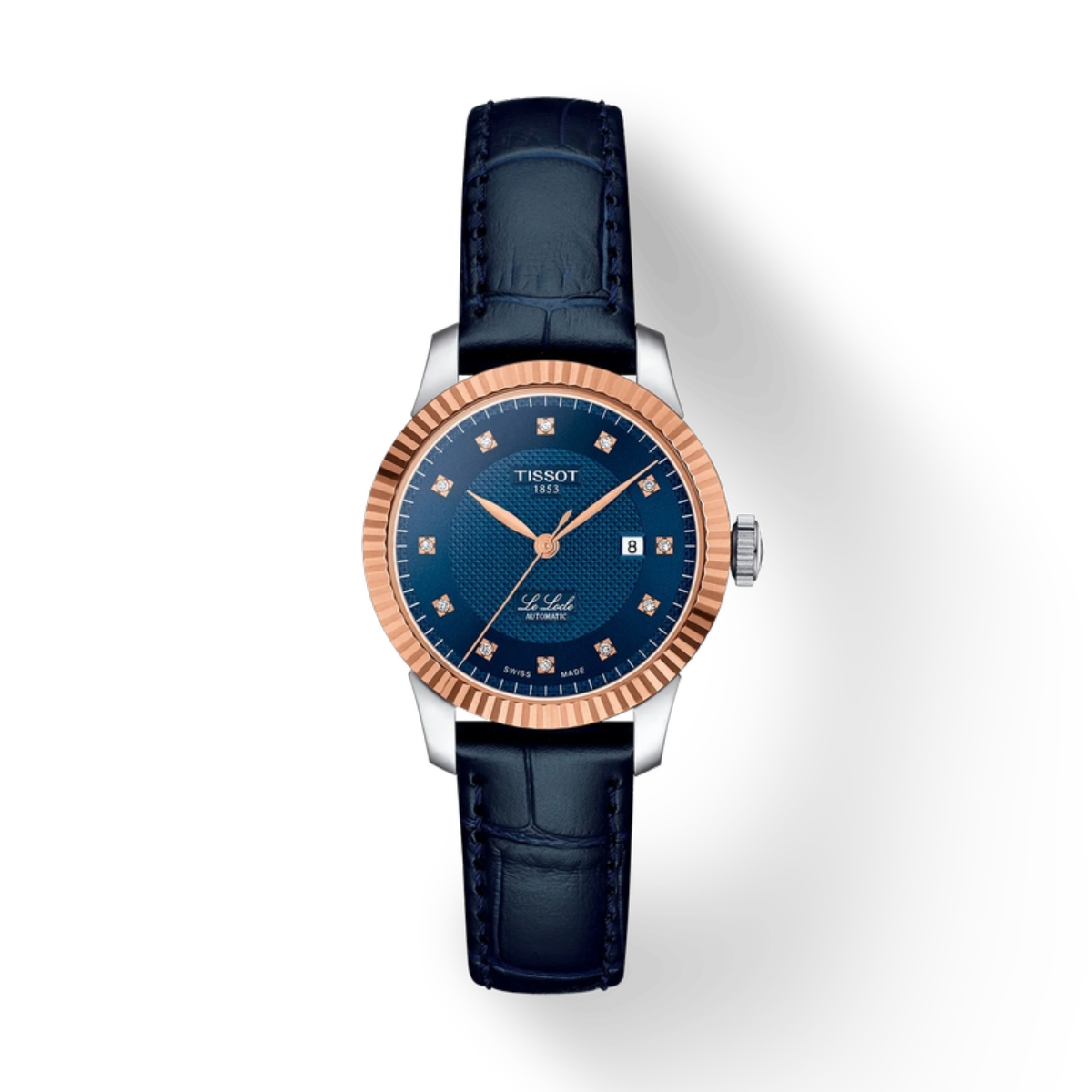 Luxury watch with blue dial and rose gold bezel on a white background