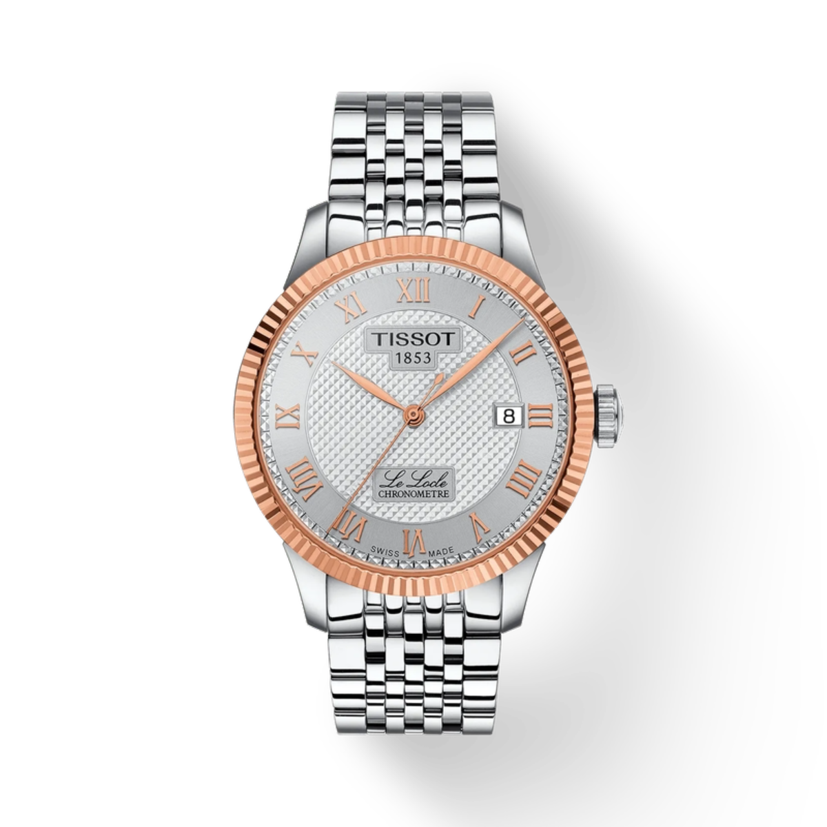 Tissot watch with silver and rose gold design on a white background