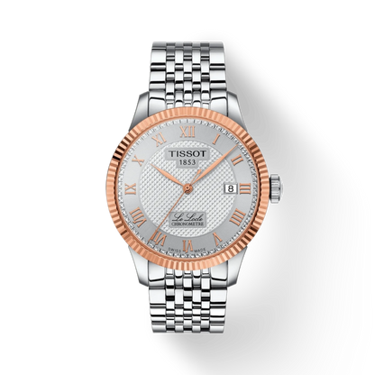 Tissot watch with silver and rose gold design on a white background