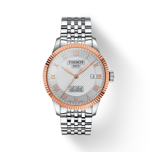 Tissot watch with silver and rose gold design on a white background