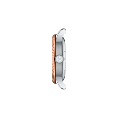 Smartwatch with rose gold and silver design on a white background