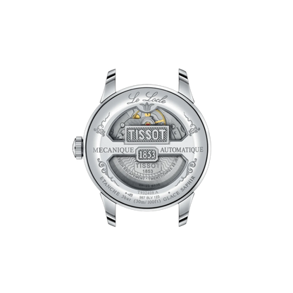Silver Tissot watch with detailed face on a white background