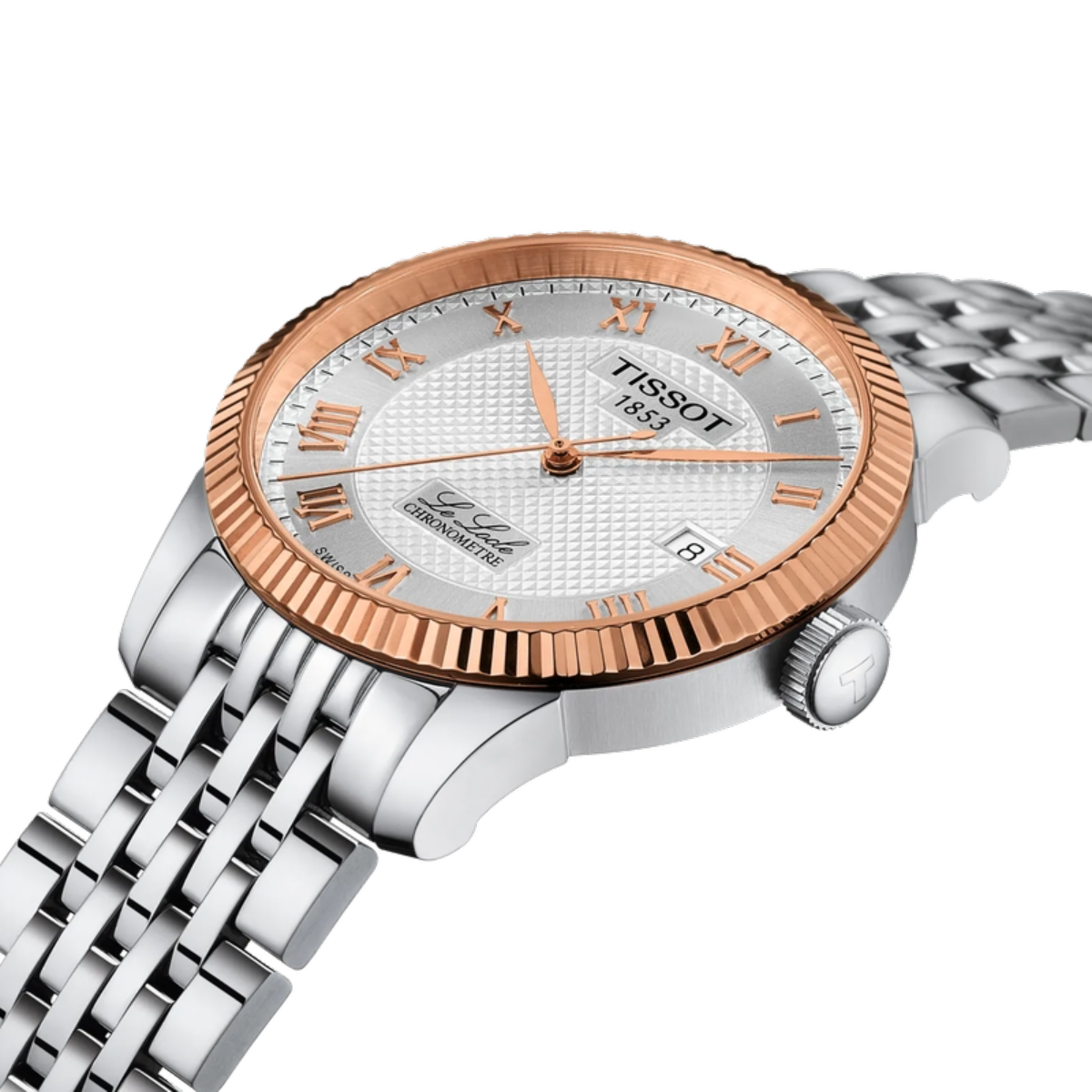 Tissot watch with rose gold and silver design on a white background
