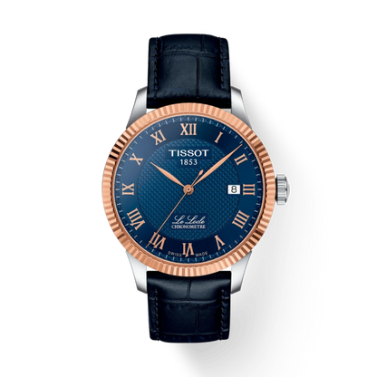 Tissot watch with blue dial and black leather strap on a white background