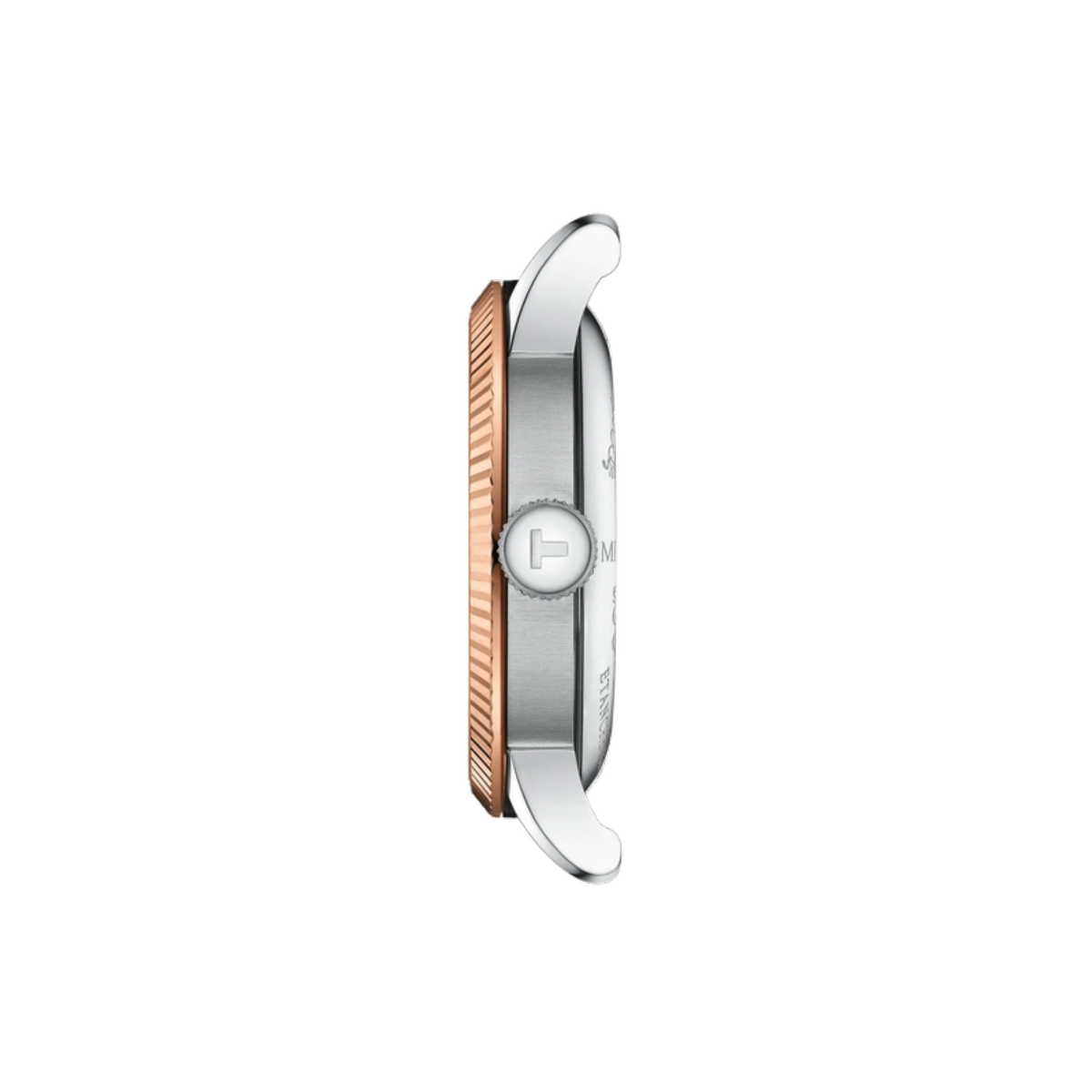Close-up of a silver and rose gold watch face on a white background