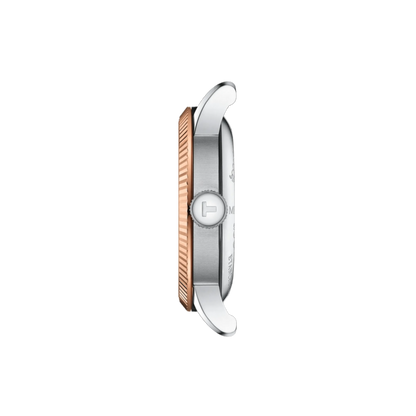 Close-up of a silver and rose gold watch face on a white background