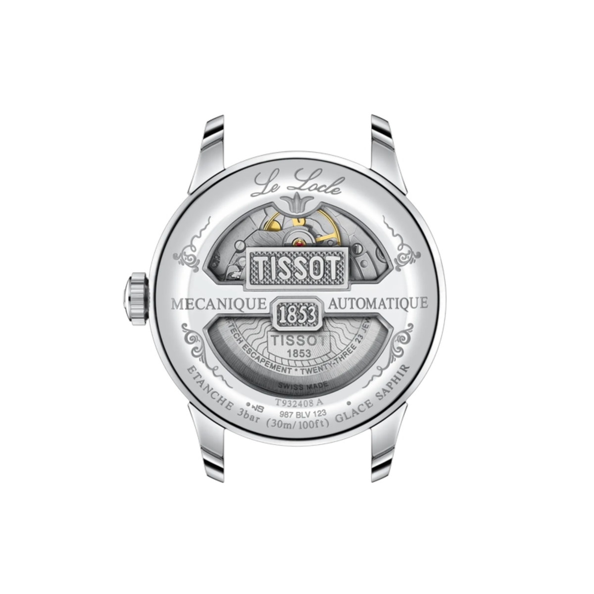 Tissot watch face with brand logo and text on a white background